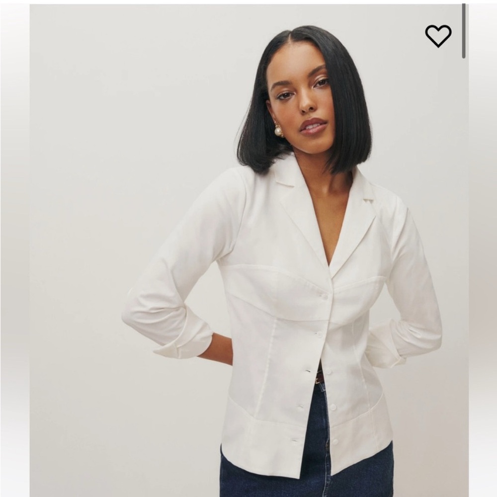 Reformation White Long Sleeve Blazer-Style Button Tee